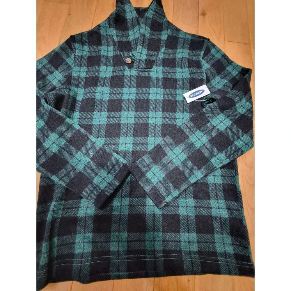 Old Navy Kids XL 14-16 Blackwatch Plaid Sweater Fleece Shawl Collar Pullover NEW